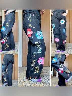 Wide Leg Floral Upcycled Patchwork Denim